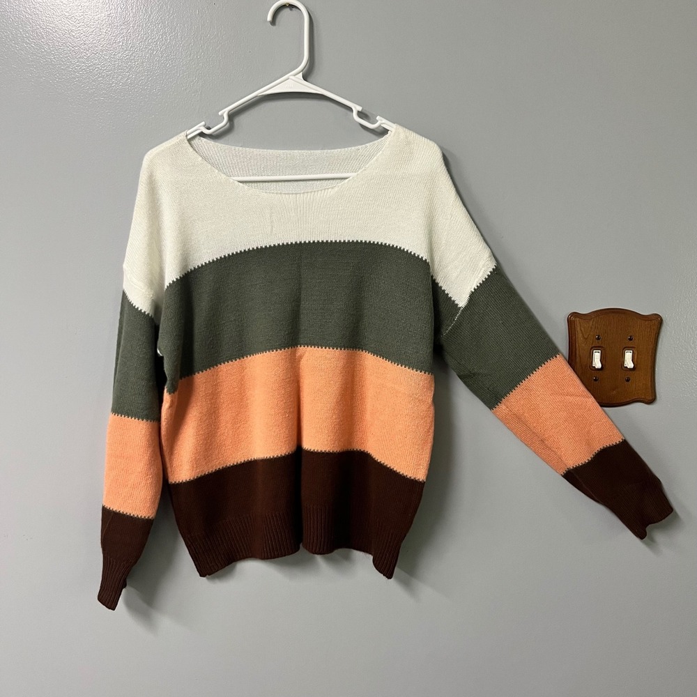 Womens Colorblock Striped Knit Sweater Sage Green Peach Brown Size S